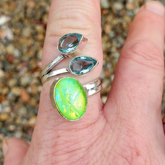 New Triplet Opal and Blue Topaz Adjustable 925 Silver Ring. - Picture 2 of 7
